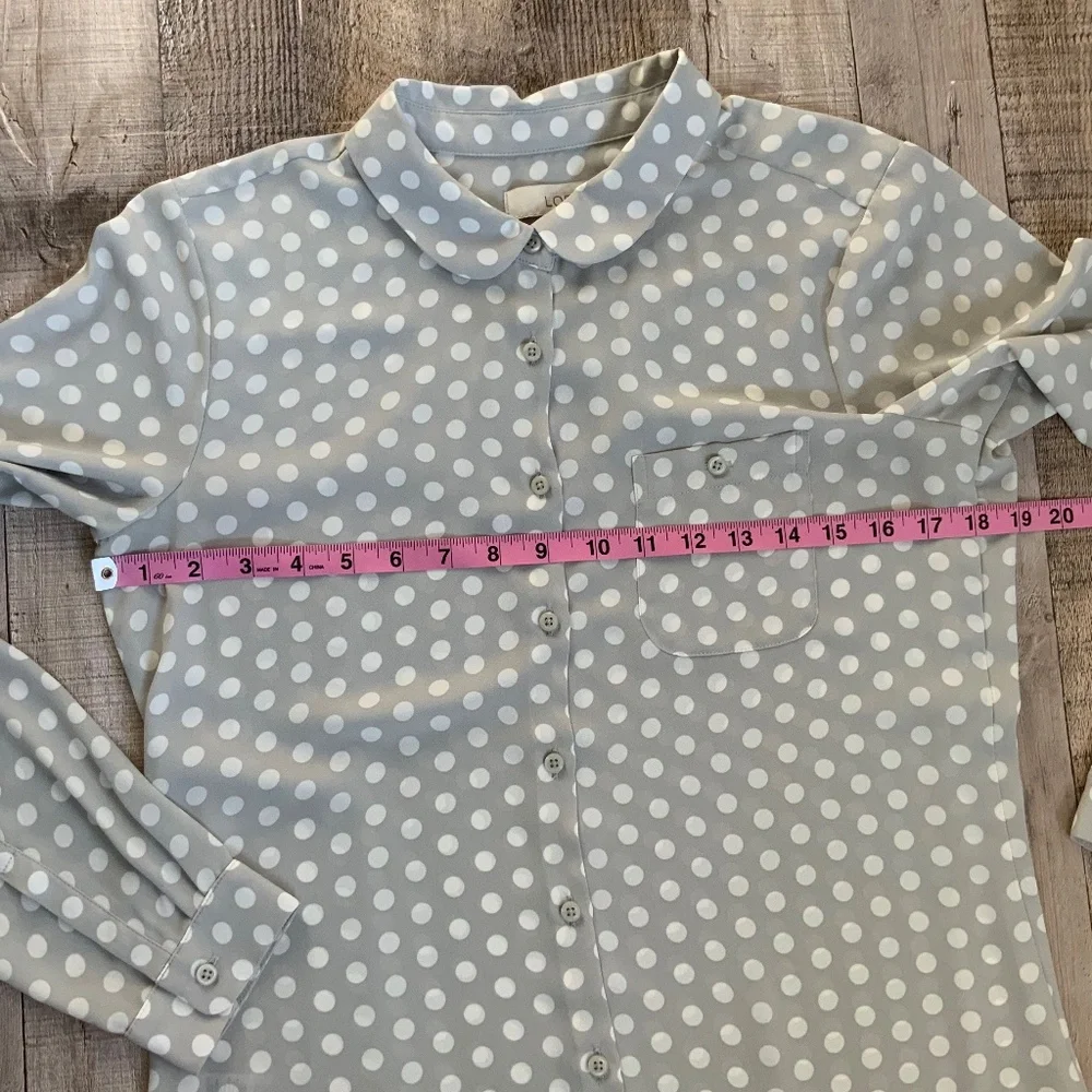 LOFT Grey White Polka Dot Silky Button Front Long Sleeve  Blouse SZ S